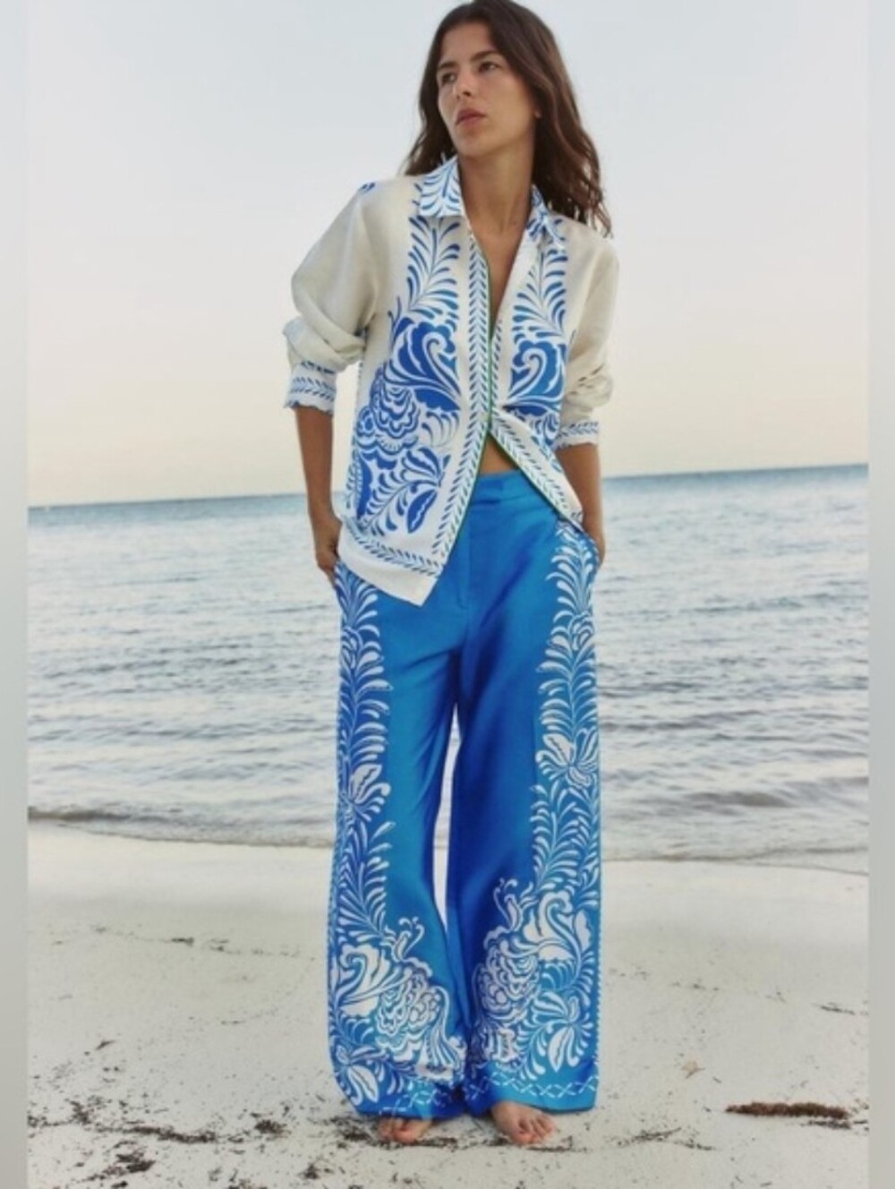 NWT! Zara Satin Floral Print High Waist Trousers Blue & White Size S